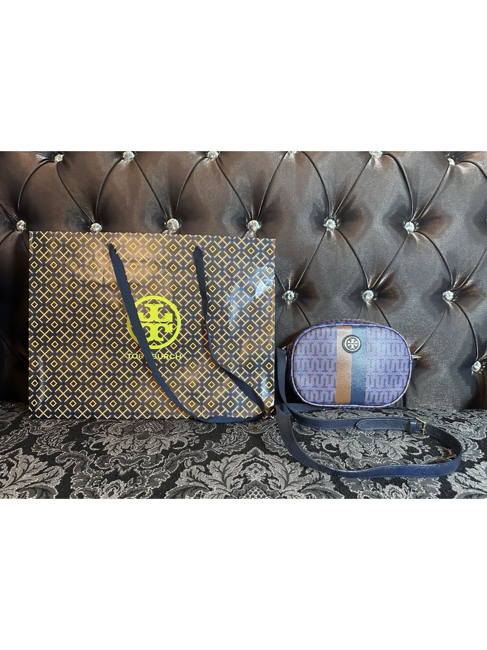 Tory Burch Crossbody Leather Bag Small Blue Brown Monogram Gold Designer Logo